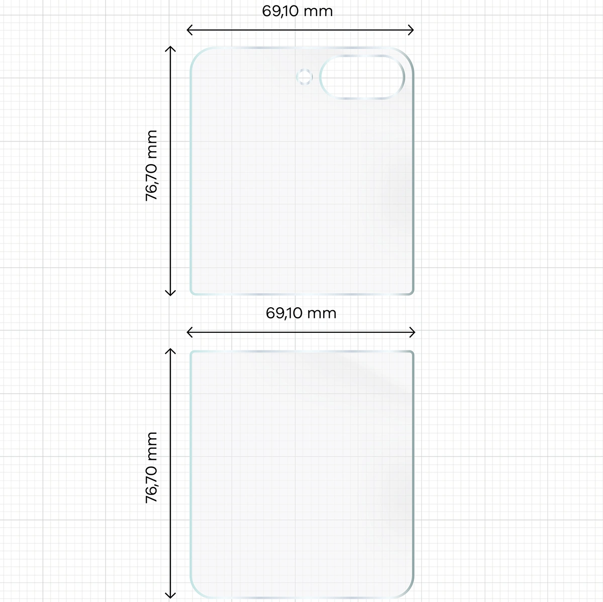 Wymiary dla folii hydrożelowej na tył telefonu Bizon Glass Hydrogel Back do Samsung Galaxy Z Flip7 FE / Samsung Galaxy Z Flip6