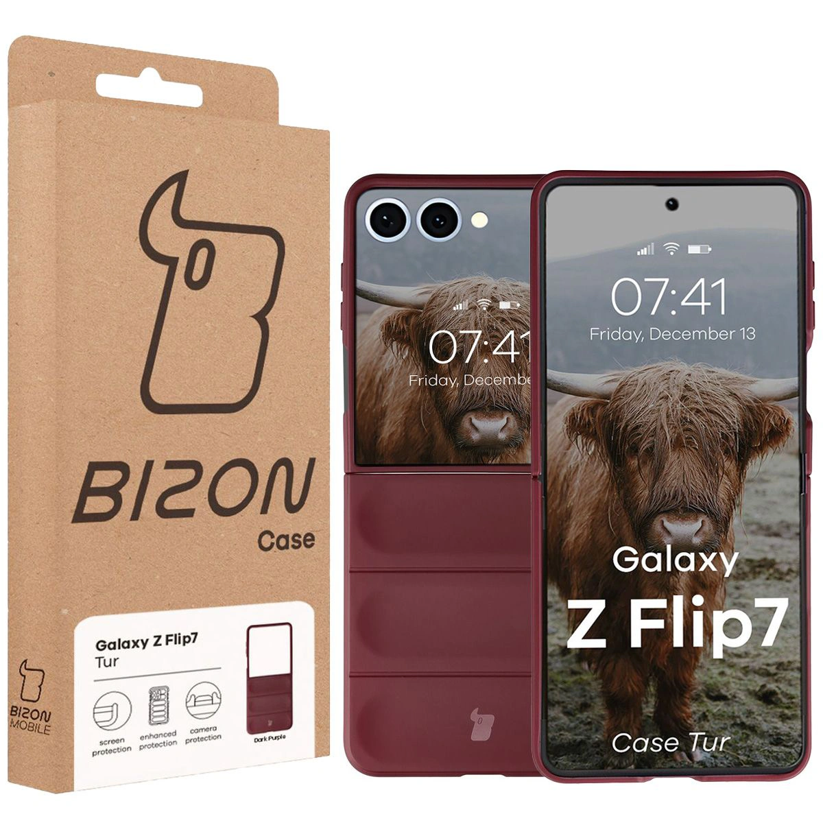 Przód pudełka Bizon Case z dedykowaną etykietą do Galaxy Z Flip7