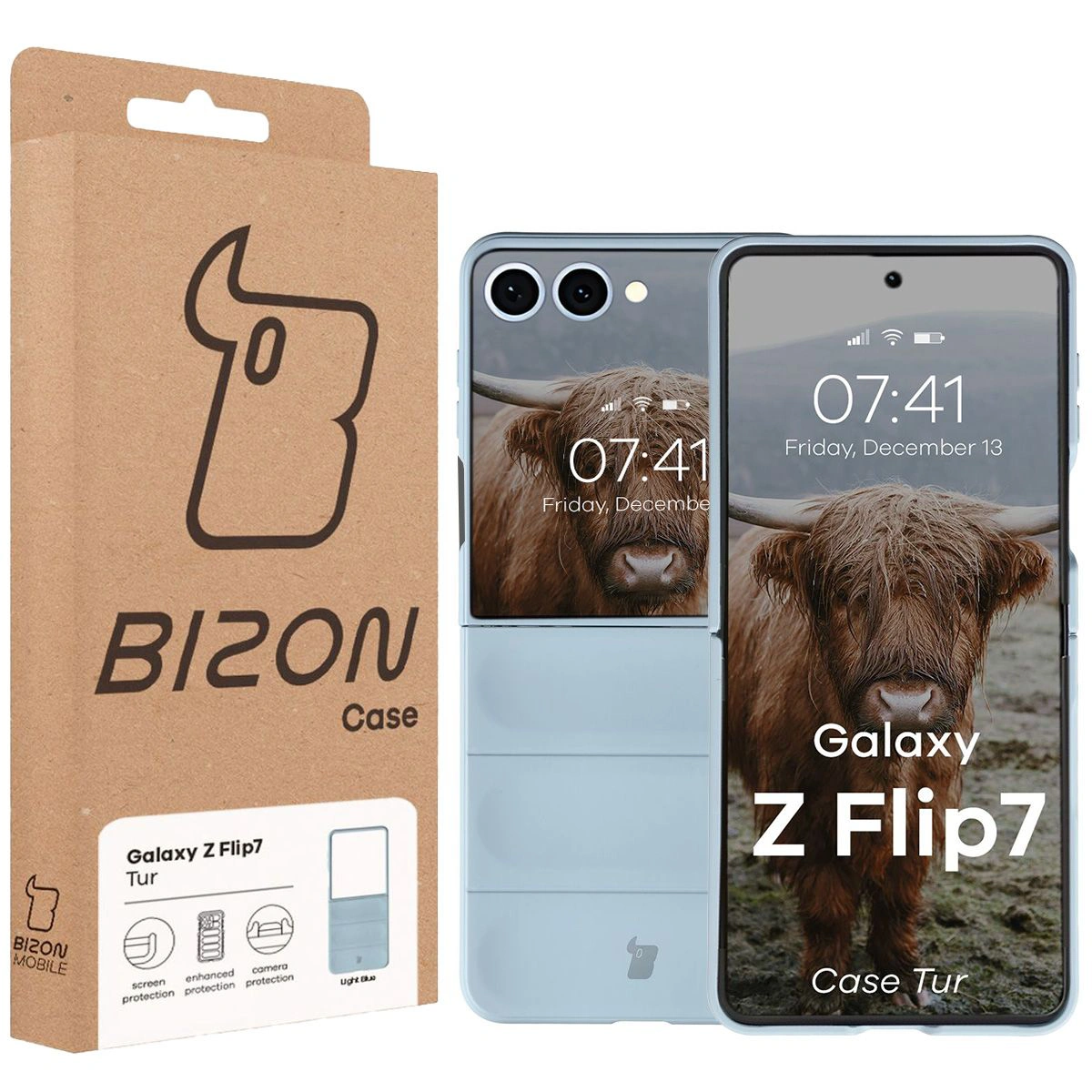 Przód pudełka Bizon Case z dedykowaną etykietą do Galaxy Z Flip7
