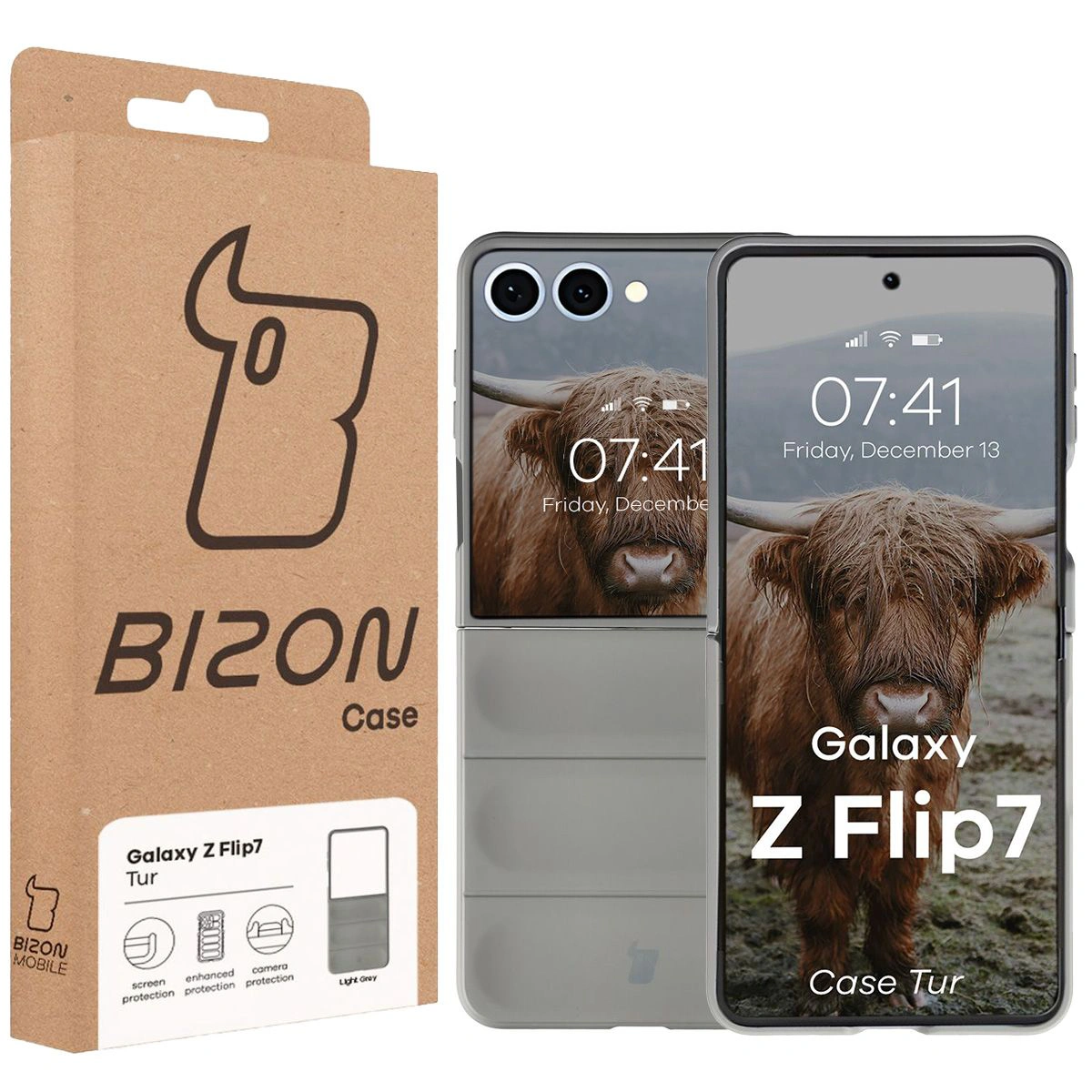 Przód pudełka Bizon Case z dedykowaną etykietą do Galaxy Z Flip7