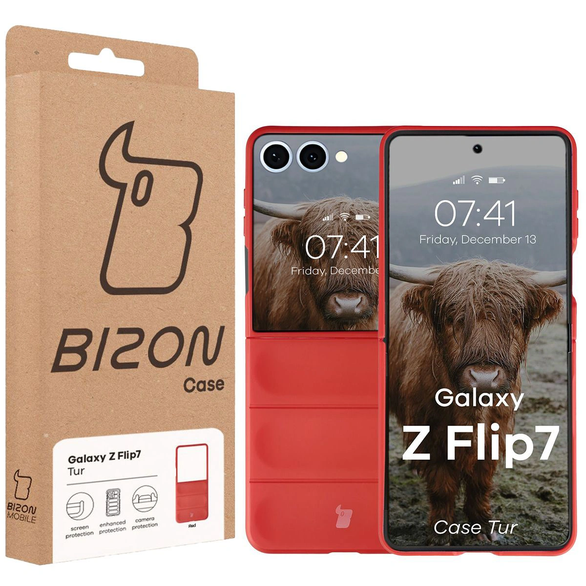 Przód pudełka Bizon Case z dedykowaną etykietą do Galaxy Z Flip7