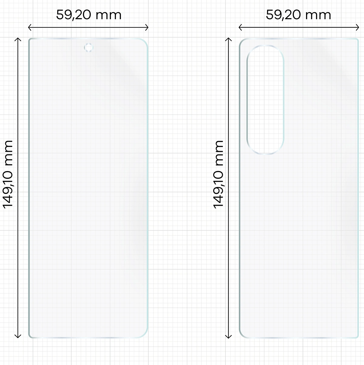 Wymiary dla folii hydrożelowej na plecki, mniejszy oraz większy wyświetlacz telefonu Bizon Glass Hydrogel Pack do Samsung Galaxy Z Fold4