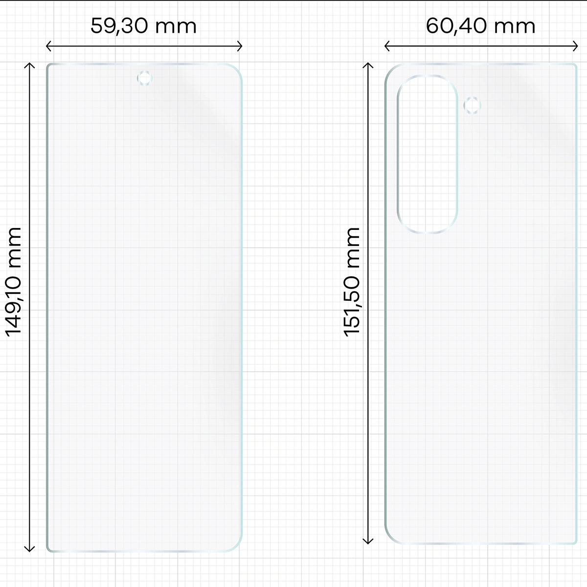 Wymiary dla folii hydrożelowej na plecki, mniejszy oraz większy wyświetlacz telefonu Bizon Glass Hydrogel Pack do Samsung Galaxy Z Fold5