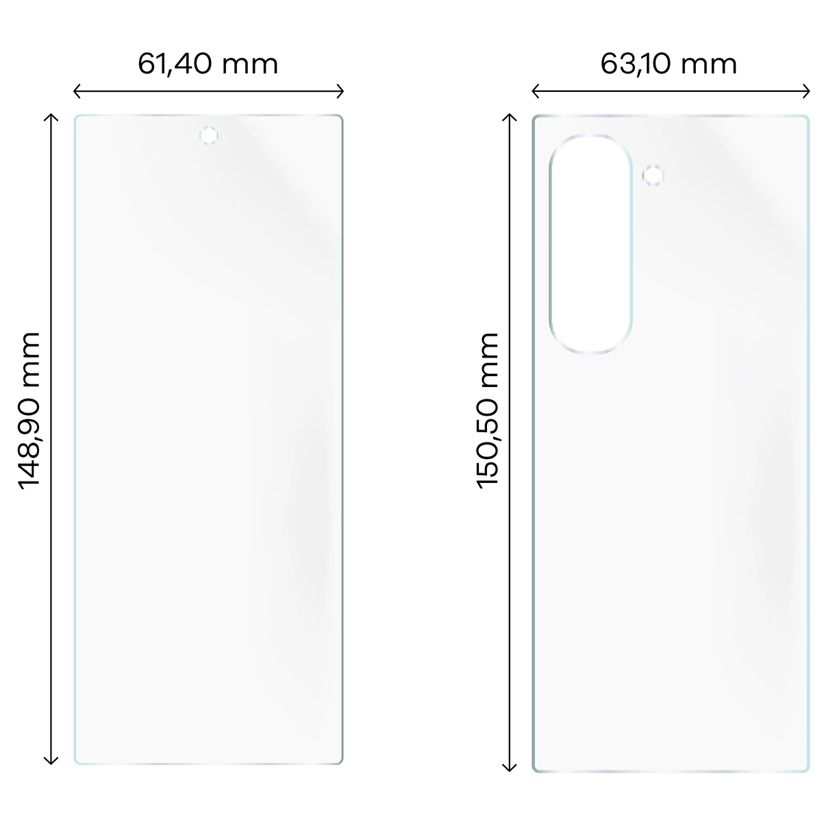 Wymiary dla folii hydrożelowej na plecki, mniejszy oraz większy wyświetlacz telefonu Bizon Glass Hydrogel Pack do Samsung Galaxy Z Fold6