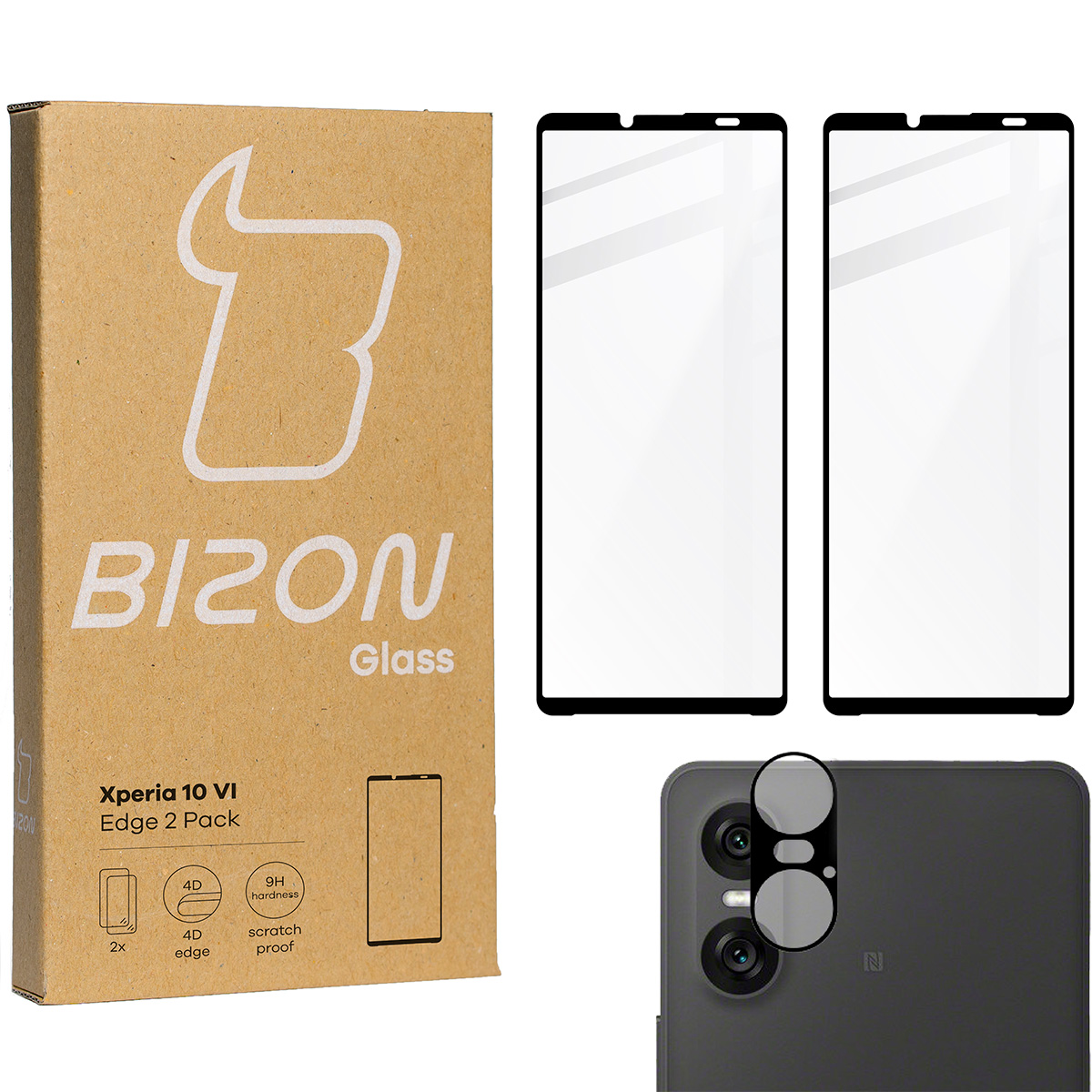 Zawartość zestawu Bizon Glass Edge 2 dla Xperia 10 VI