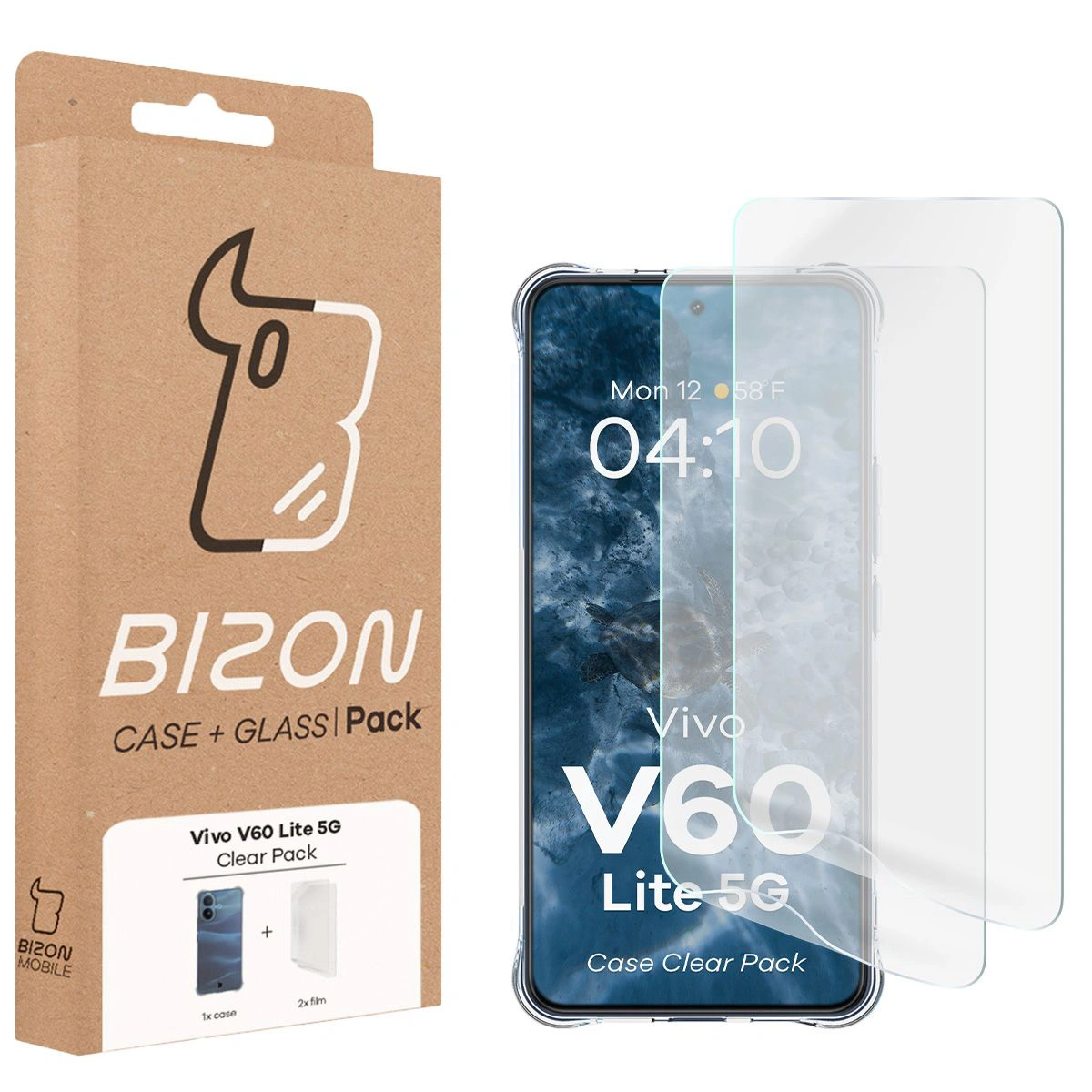 Przód pudełka Bizon Case+Glass z dedykowaną etykietą do Vivo V60 Lite 5G