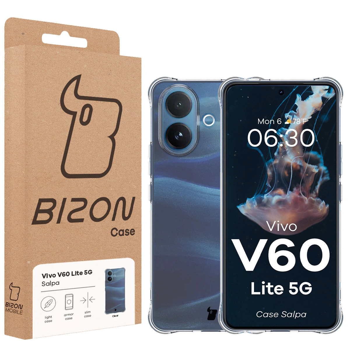 Przód pudełka Bizon Case z dedykowaną etykietą do Vivo V60 Lite 5G