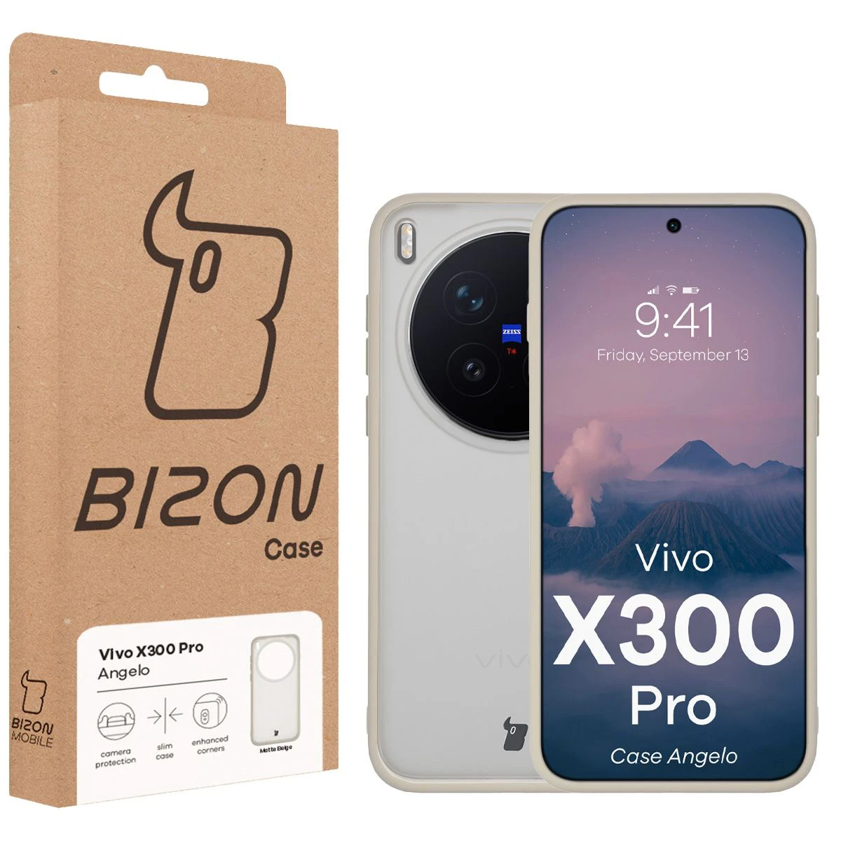 Przód pudełka Bizon Case z dedykowaną etykietą do Vivo X300 Pro
