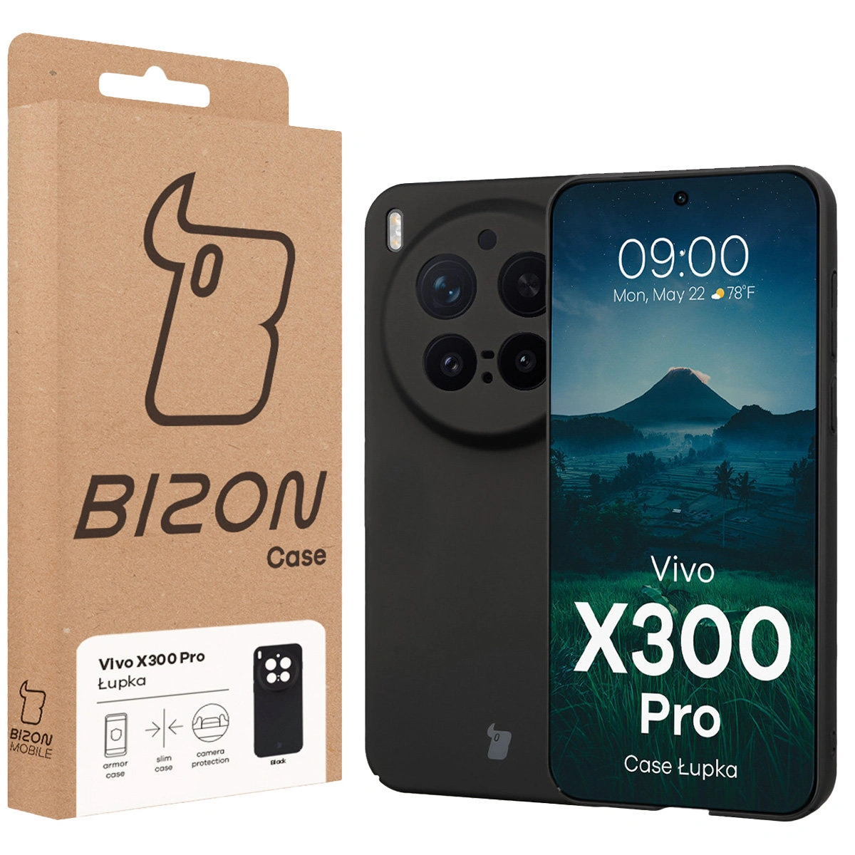 Przód pudełka Bizon Case z dedykowaną etykietą do Vivo X300 Pro