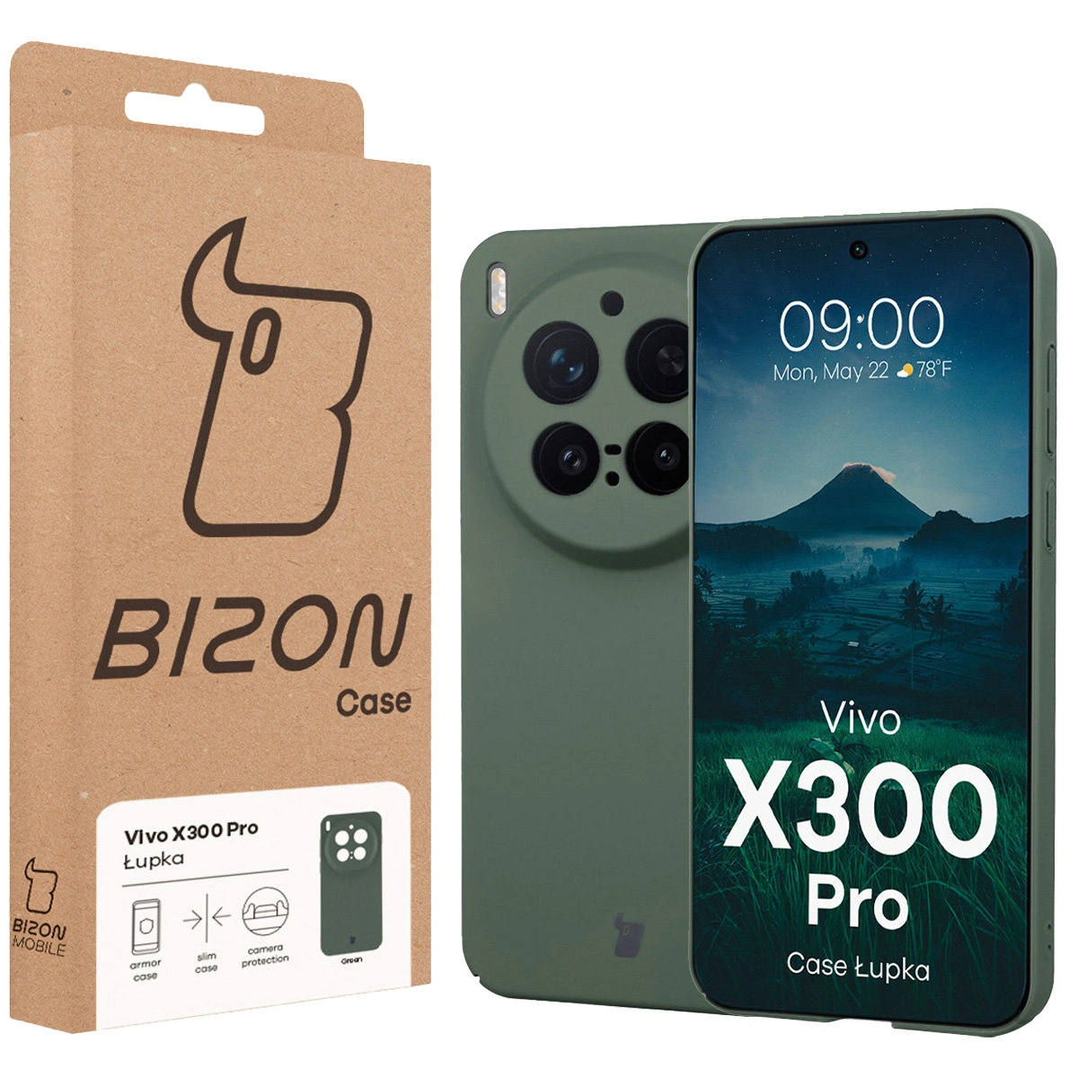 Przód pudełka Bizon Case z dedykowaną etykietą do Vivo X300 Pro