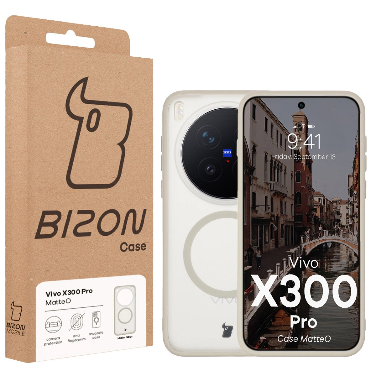 Przód pudełka Bizon Case z dedykowaną etykietą do Vivo X300 Pro