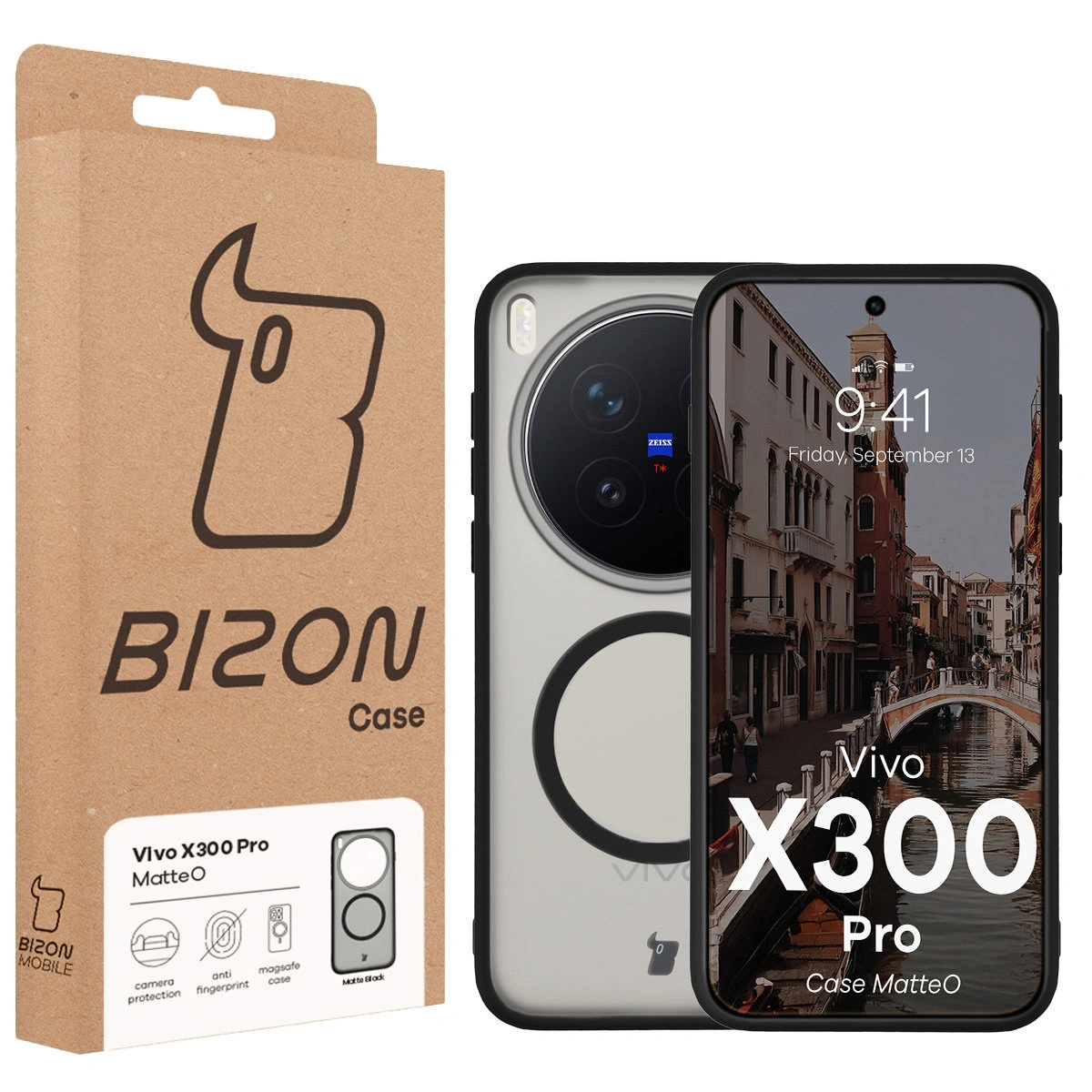 Przód pudełka Bizon Case z dedykowaną etykietą do Vivo X300 Pro
