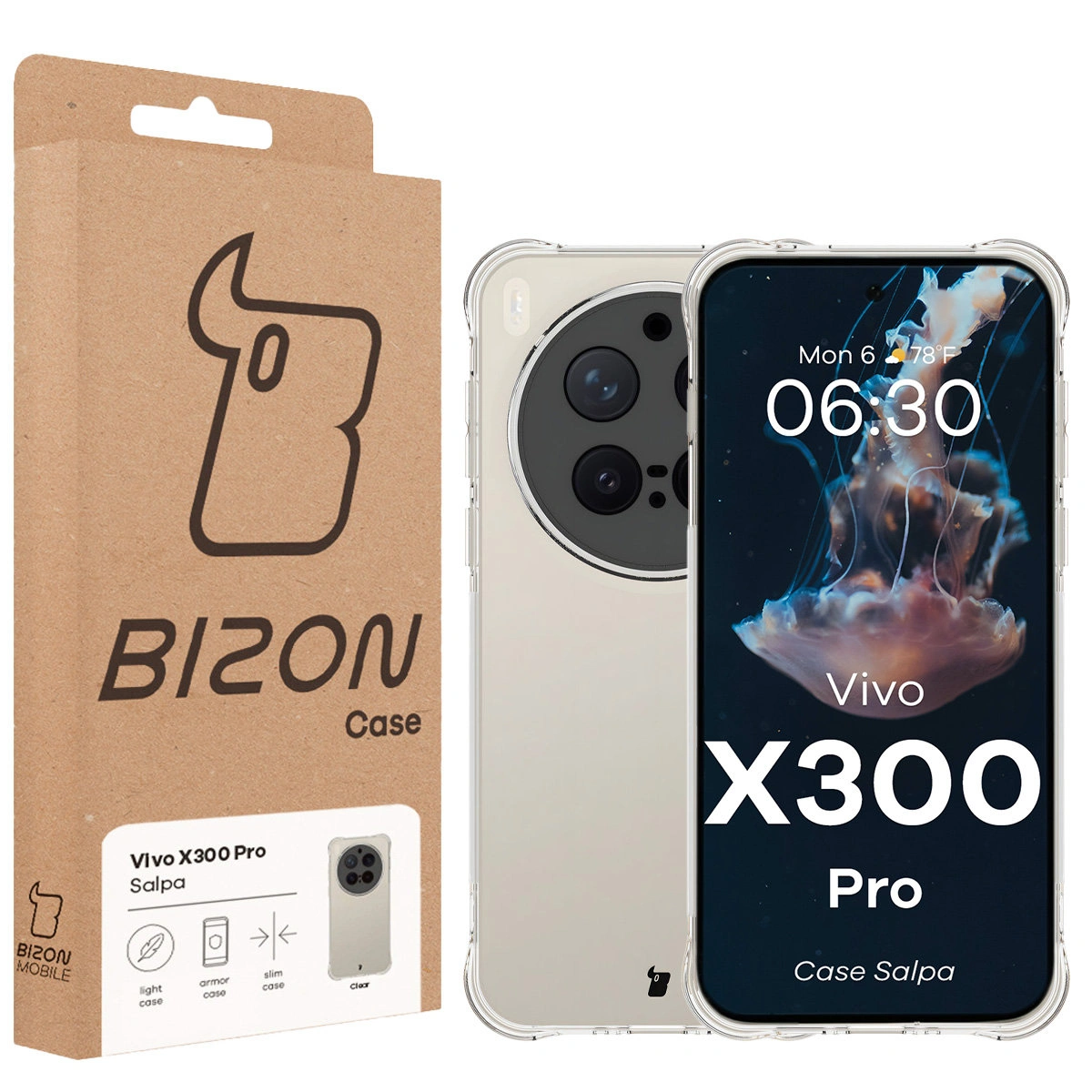 Przód pudełka Bizon Case z dedykowaną etykietą do Vivo X300 Pro