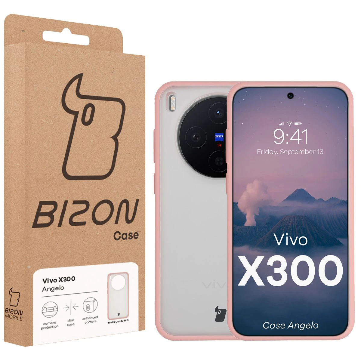 Przód pudełka Bizon Case z dedykowaną etykietą do Vivo X300