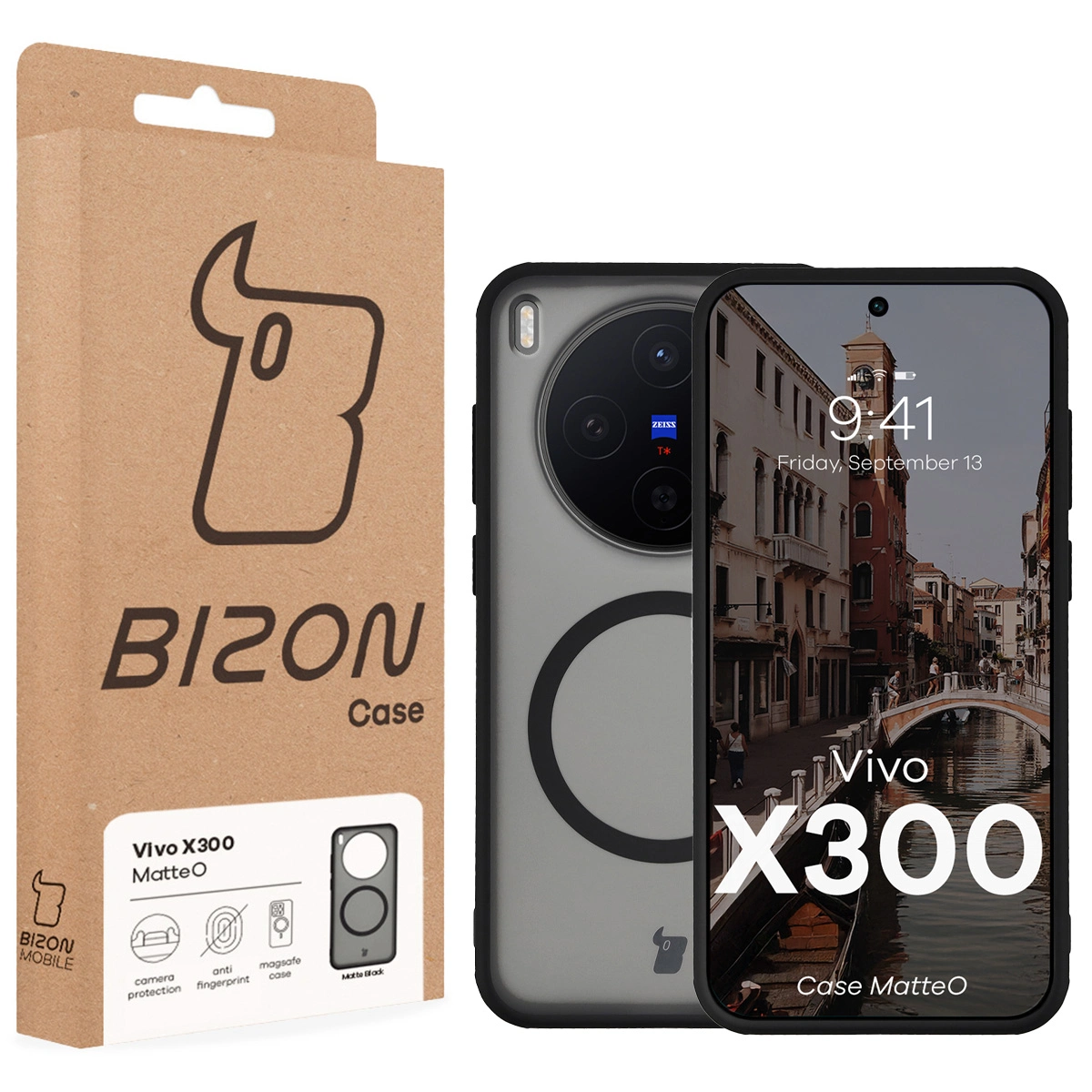 Przód pudełka Bizon Case z dedykowaną etykietą do Vivo X300