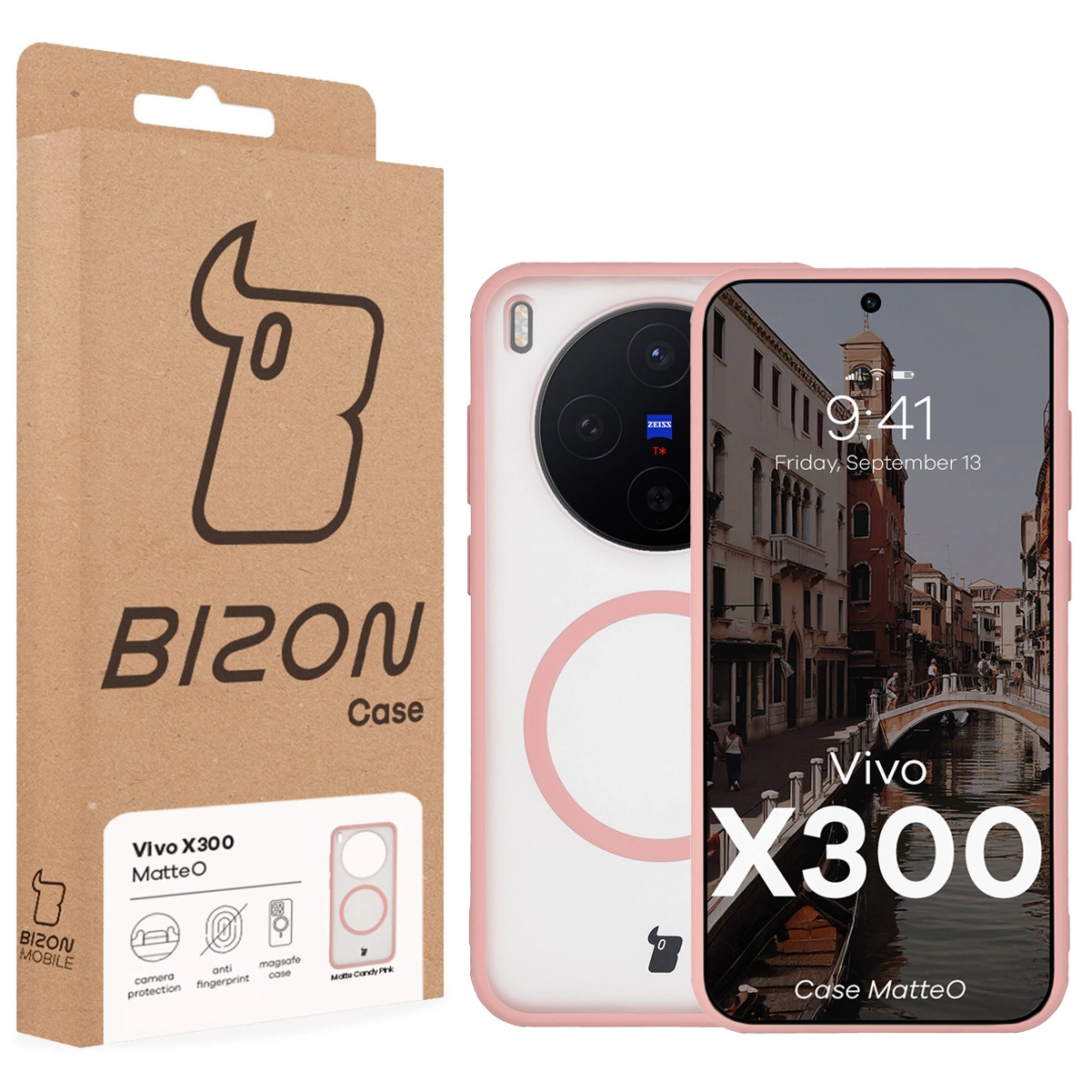 Przód pudełka Bizon Case z dedykowaną etykietą do Vivo X300