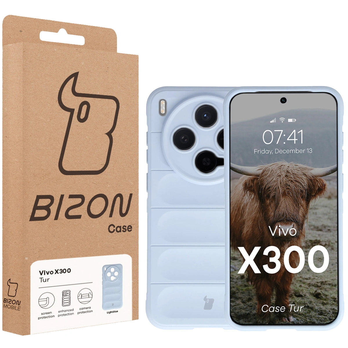 Przód pudełka Bizon Case z dedykowaną etykietą do Vivo X300