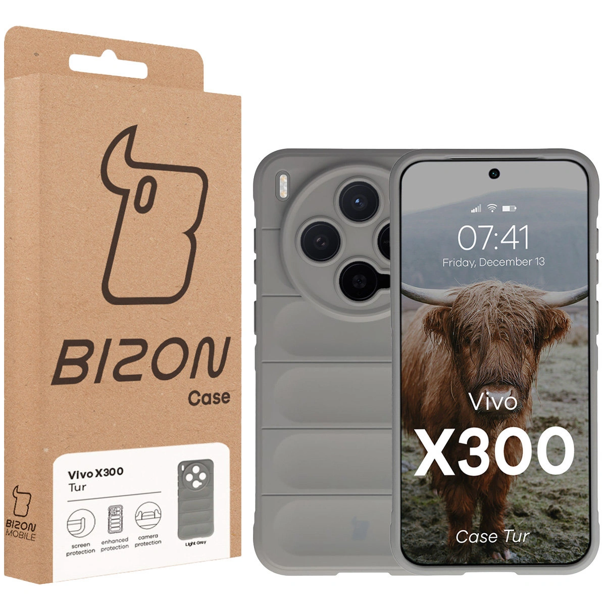 Przód pudełka Bizon Case z dedykowaną etykietą do Vivo X300