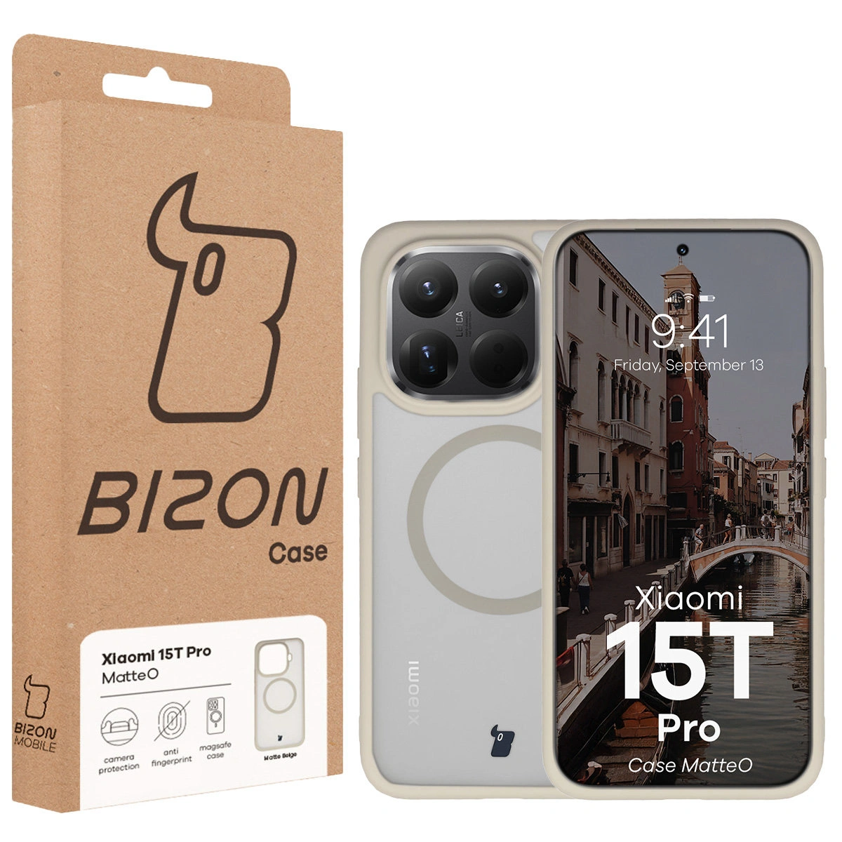 Przód pudełka Bizon Case z dedykowaną etykietą do Xiaomi 15T Pro