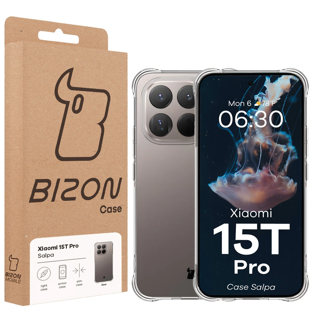 Przód pudełka Bizon Case z dedykowaną etykietą do Xiaomi 15T Pro