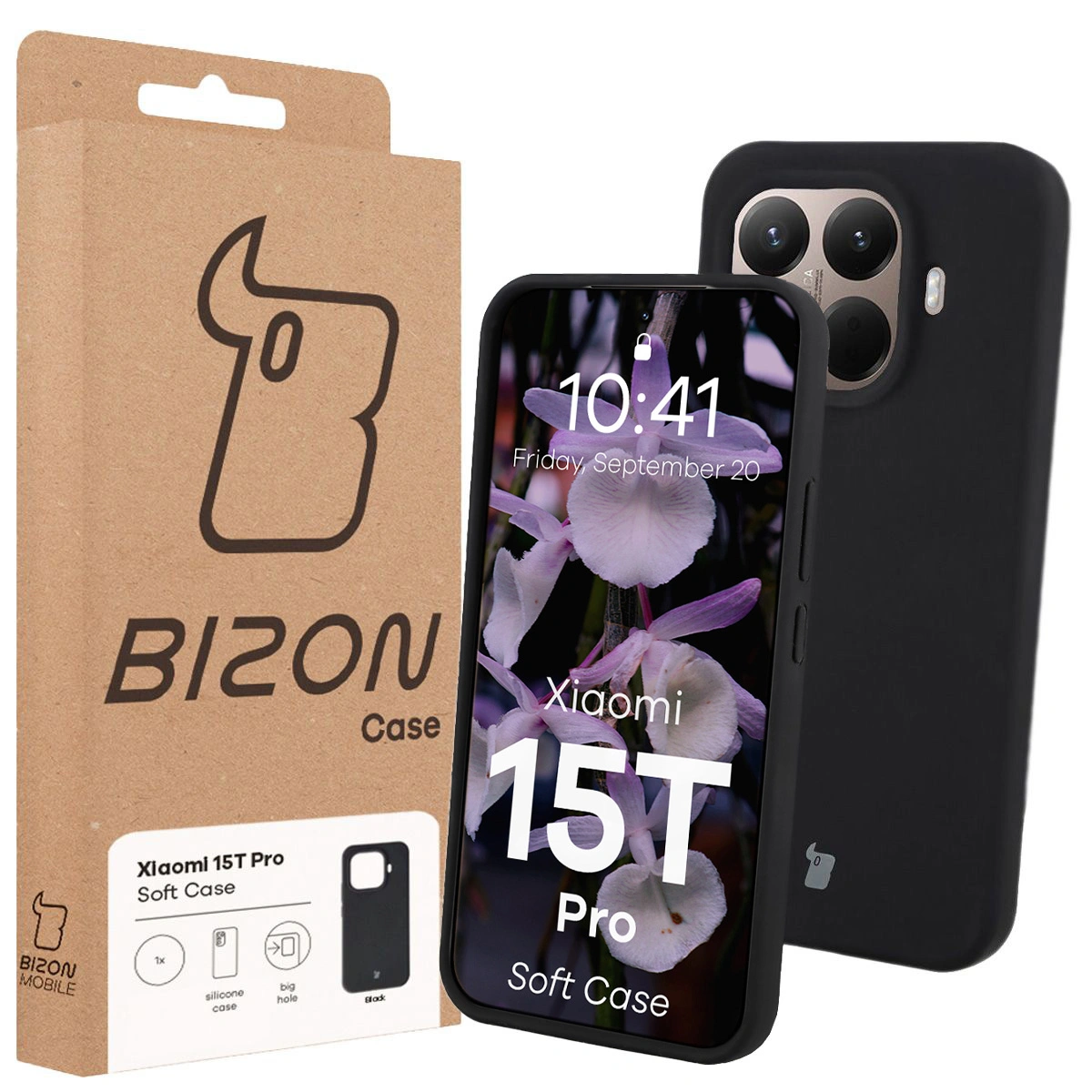 Przód pudełka Bizon Case z dedykowaną etykietą do Xiaomi 15T Pro