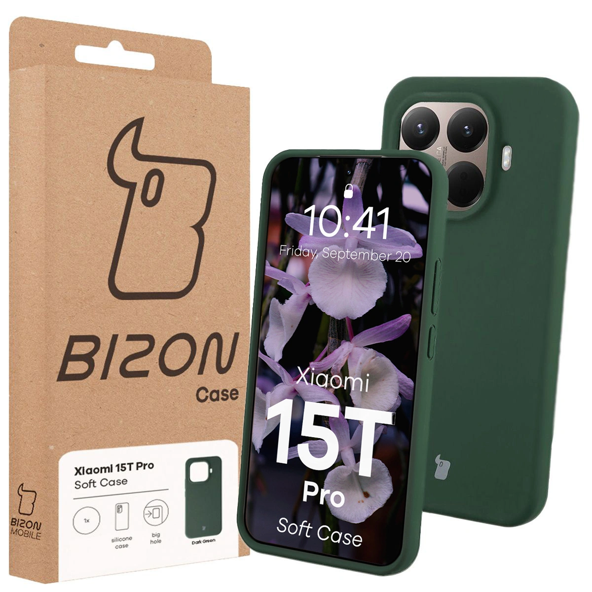 Przód pudełka Bizon Case z dedykowaną etykietą do Xiaomi 15T Pro