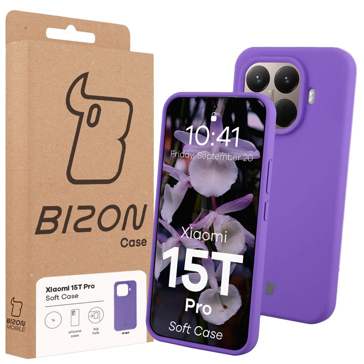 Przód pudełka Bizon Case z dedykowaną etykietą do Xiaomi 15T Pro