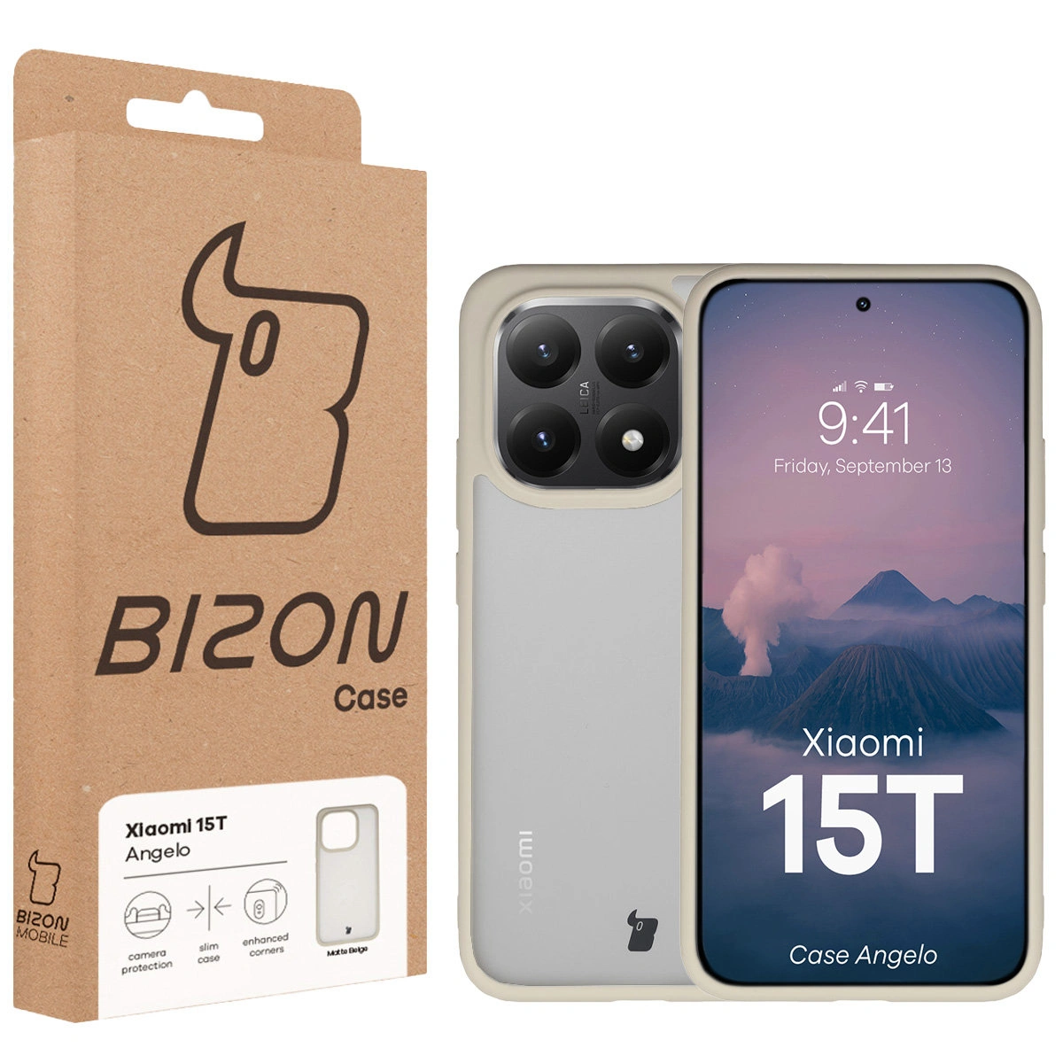 Przód pudełka Bizon Case z dedykowaną etykietą do Xiaomi 15T