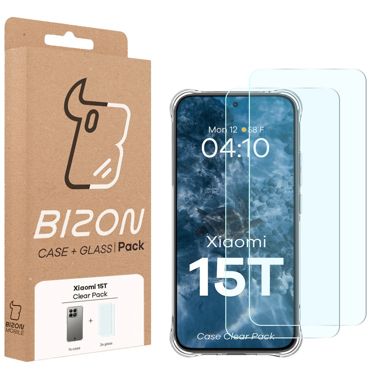 Przód pudełka Bizon Case+Glass z dedykowaną etykietą do Xiaomi 15T