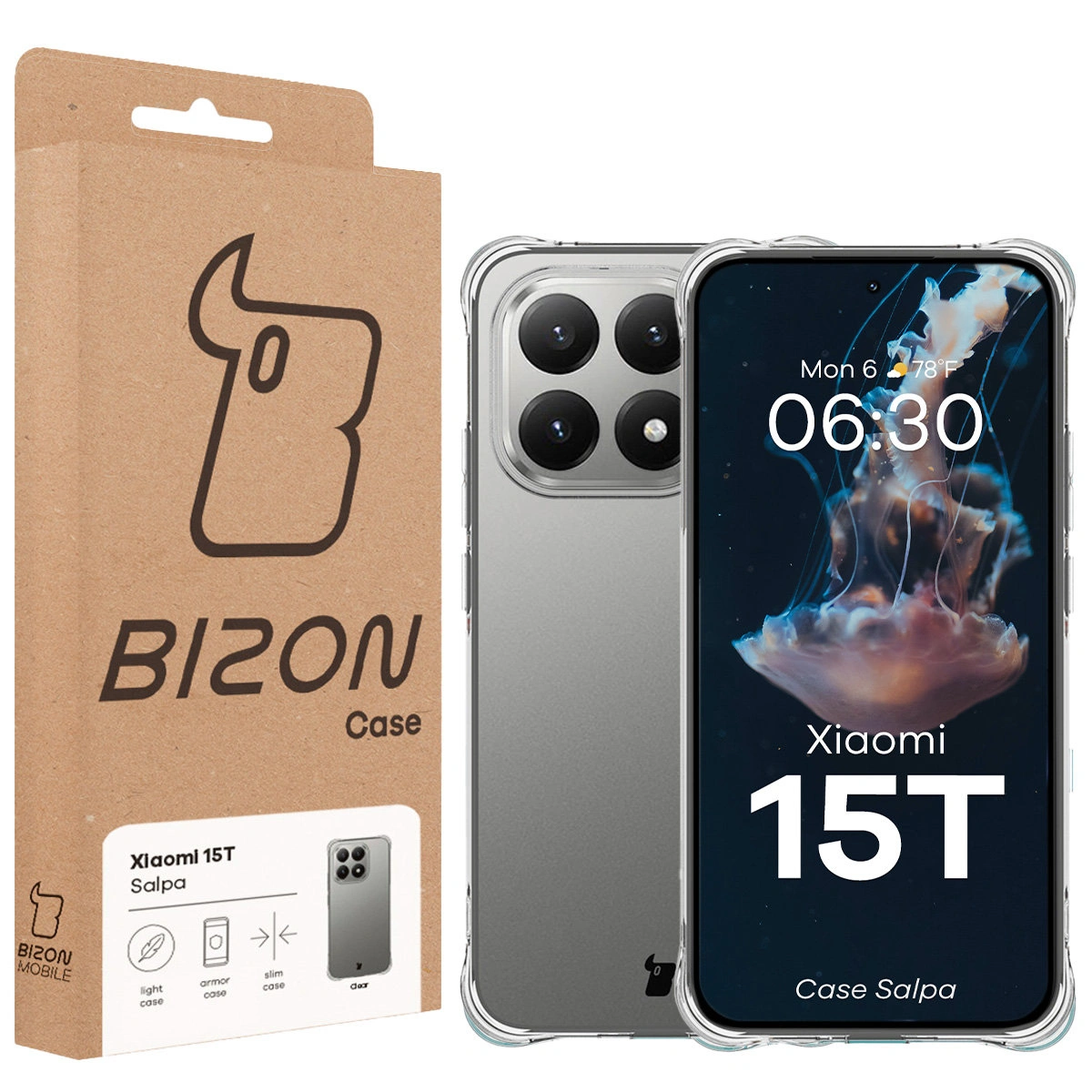Przód pudełka Bizon Case z dedykowaną etykietą do Xiaomi 15T