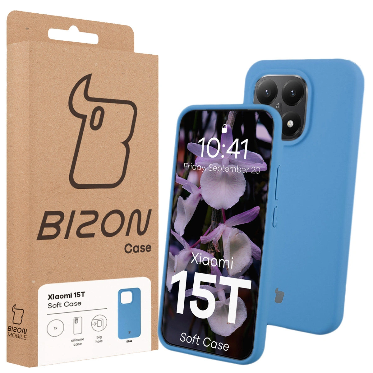 Przód pudełka Bizon Case z dedykowaną etykietą do Xiaomi 15T