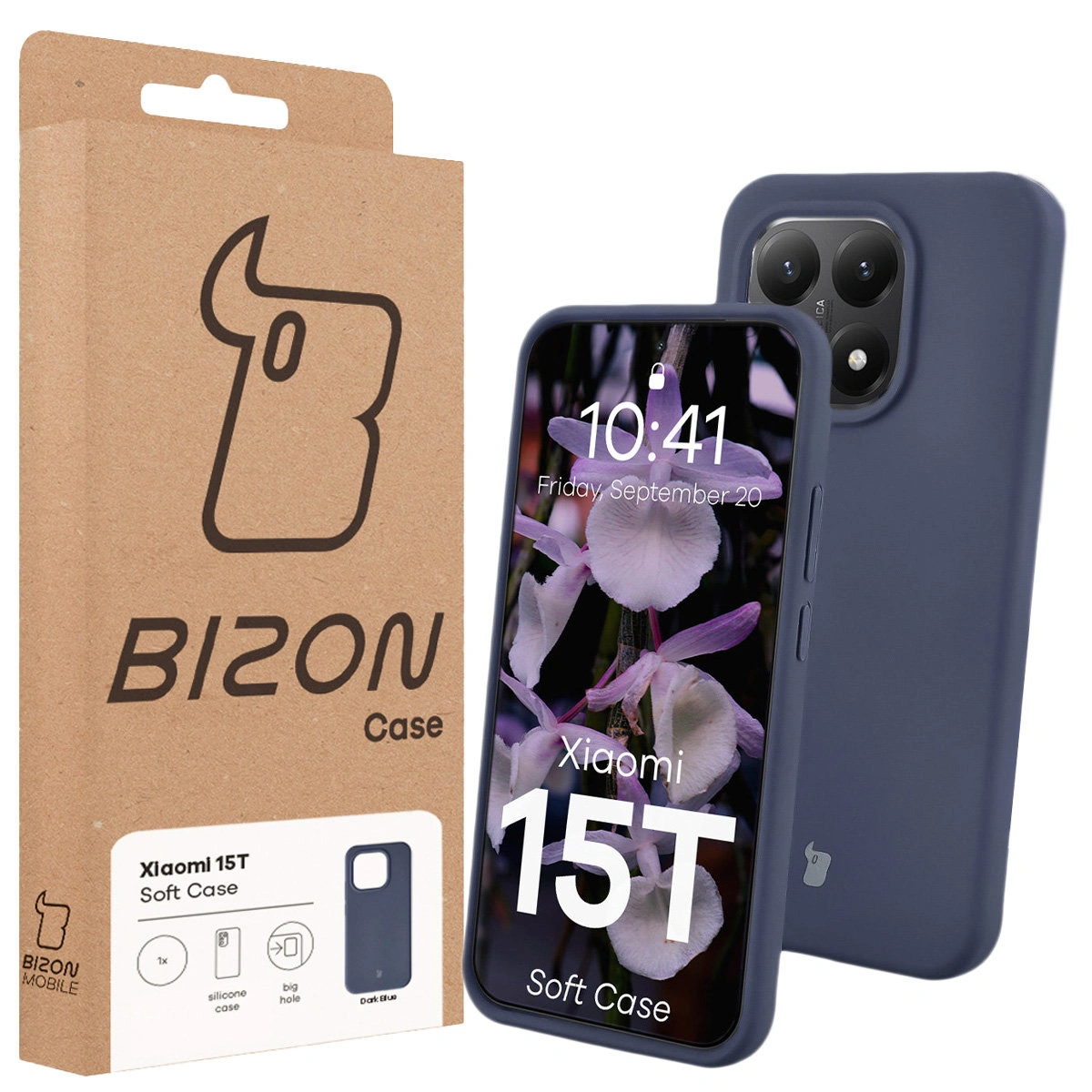 Przód pudełka Bizon Case z dedykowaną etykietą do Xiaomi 15T