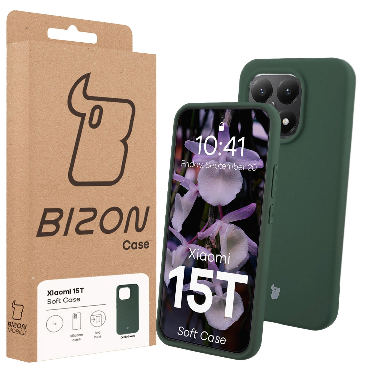 Przód pudełka Bizon Case z dedykowaną etykietą do Xiaomi 15T