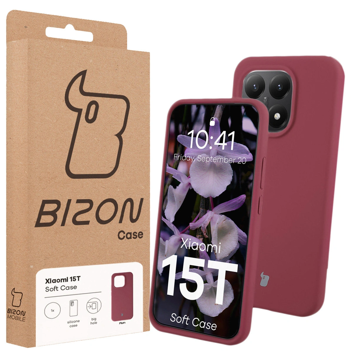 Przód pudełka Bizon Case z dedykowaną etykietą do Xiaomi 15T