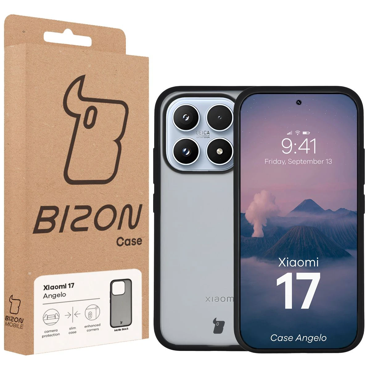 Przód pudełka Bizon Case z dedykowaną etykietą do Xiaomi 17