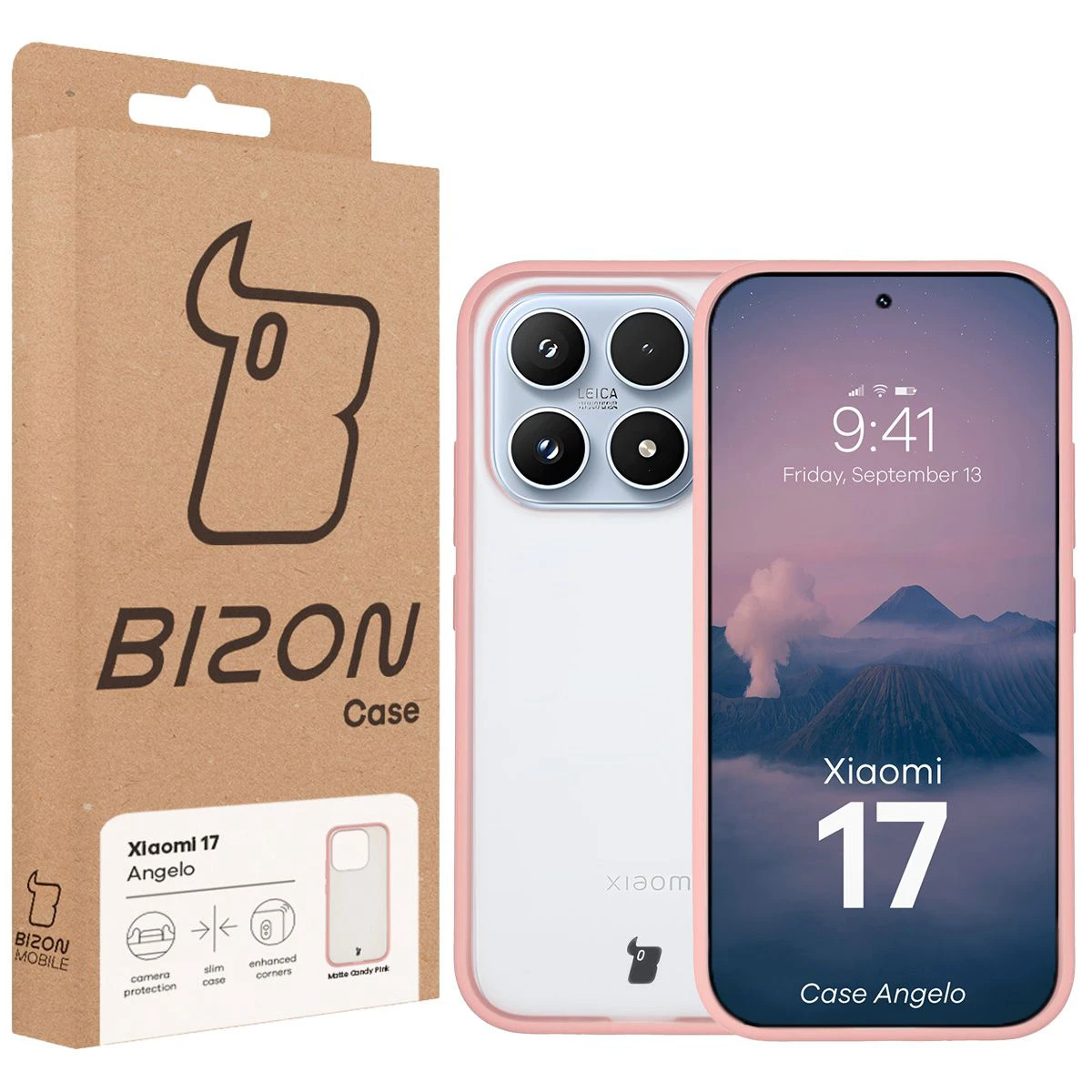Przód pudełka Bizon Case z dedykowaną etykietą do Xiaomi 17