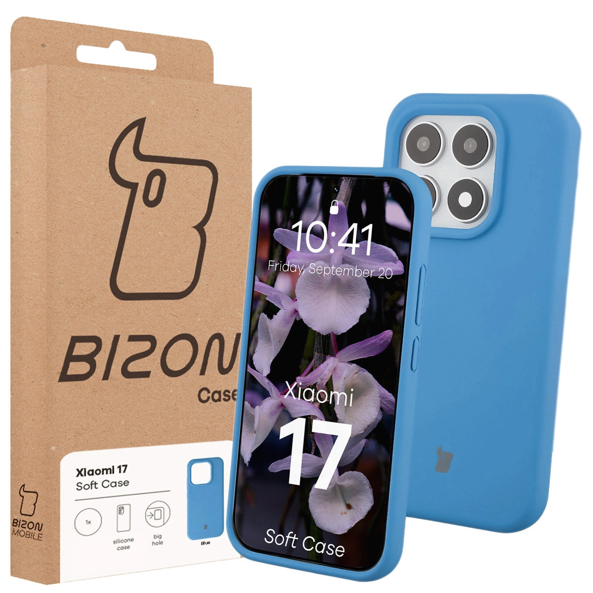 Przód pudełka Bizon Case z dedykowaną etykietą do Xiaomi 17