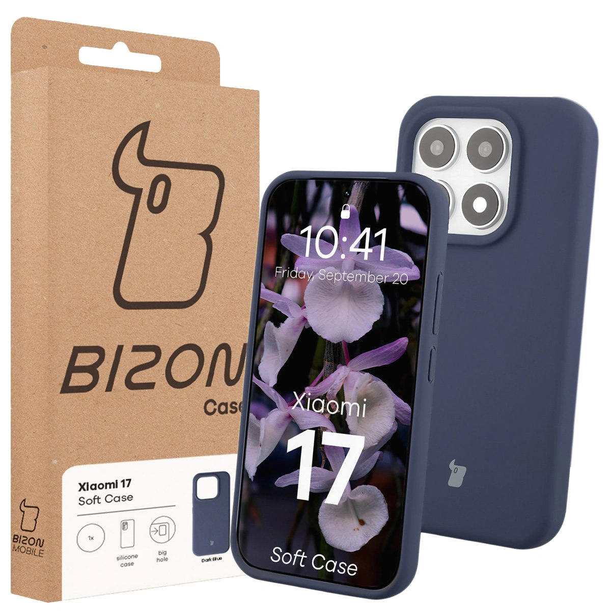 Przód pudełka Bizon Case z dedykowaną etykietą do Xiaomi 17