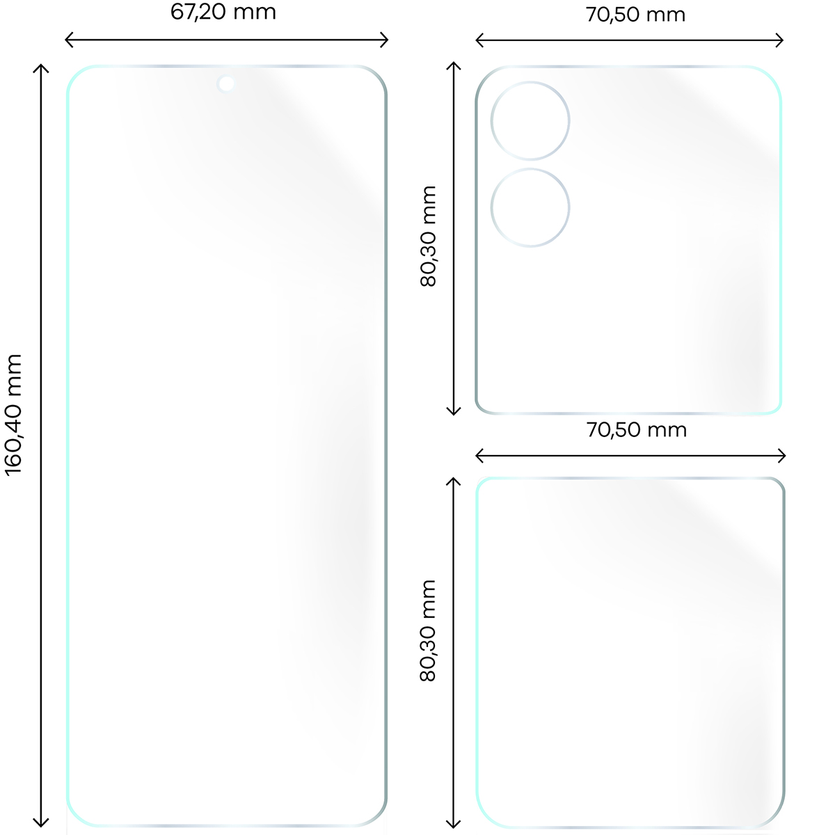 Wymiary dla folii hydrożelowej na plecki, mniejszy oraz większy wyświetlacz telefonu Bizon Glass Hydrogel Set