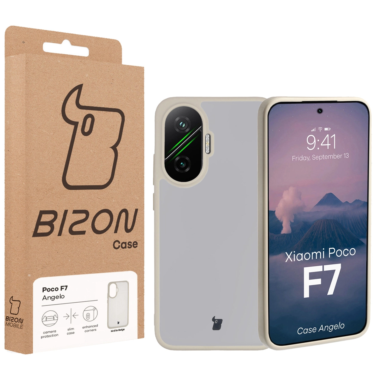 Przód pudełka Bizon Case z dedykowaną etykietą do Xiaomi POCO F7