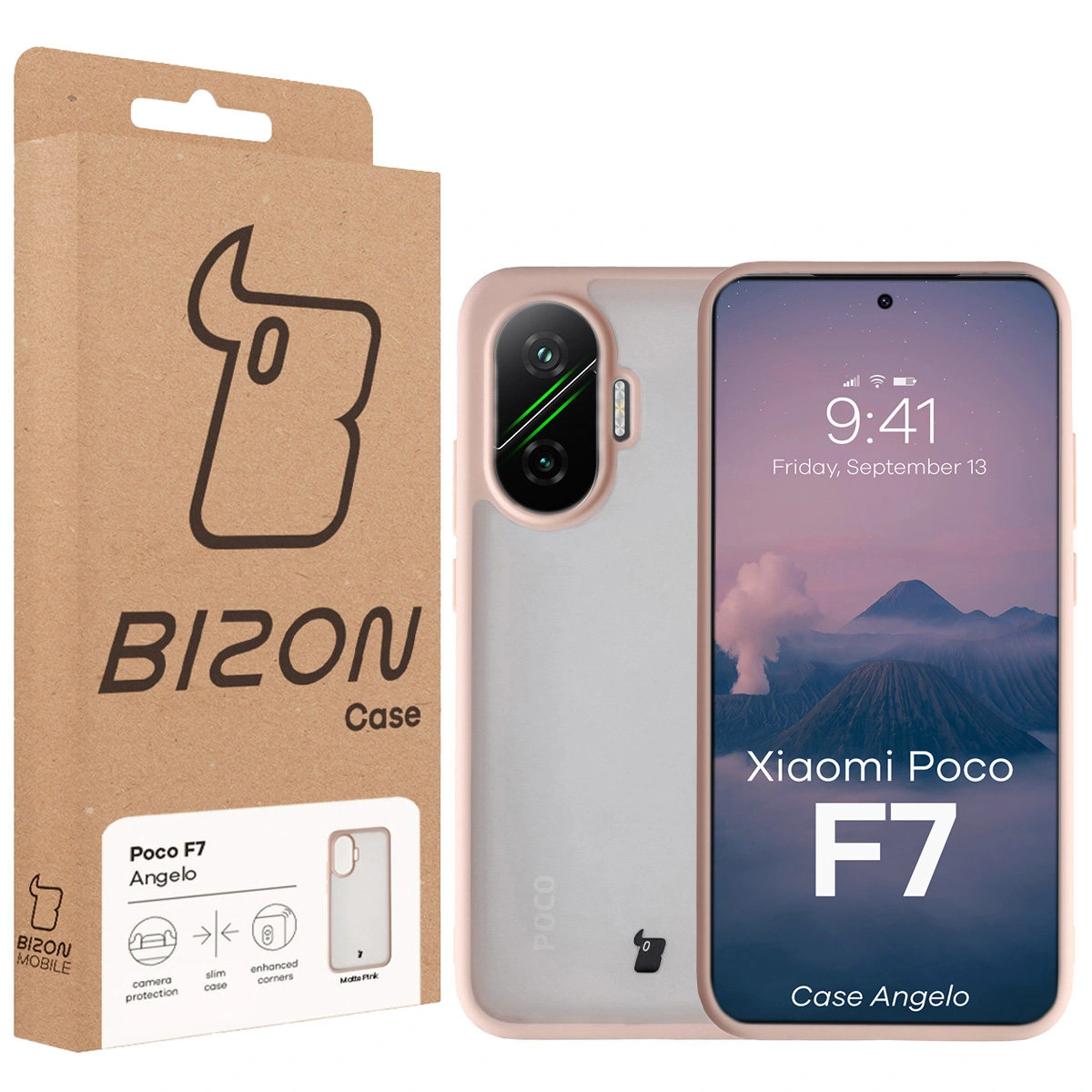 Przód pudełka Bizon Case z dedykowaną etykietą do Xiaomi POCO F7