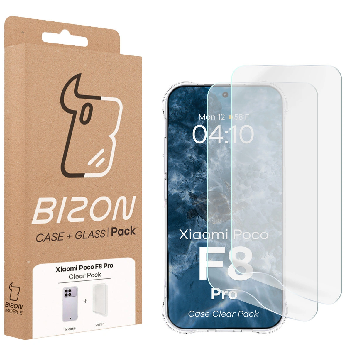 Przód pudełka Bizon Case+Glass z dedykowaną etykietą do Xiaomi POCO F8 Pro