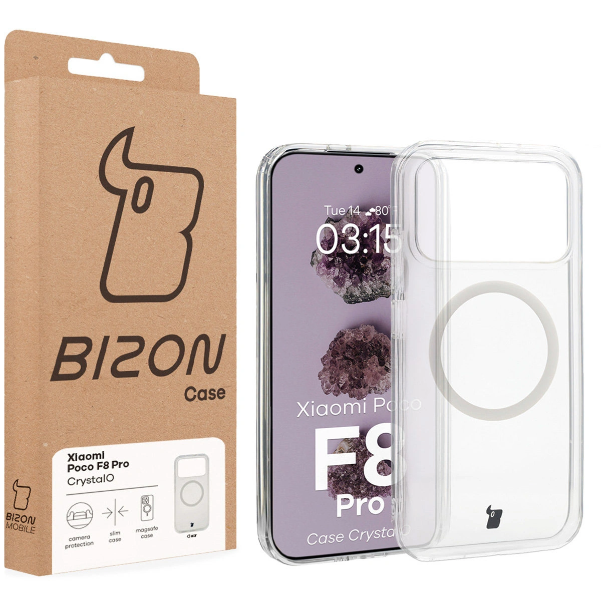 Przód pudełka Bizon Case z dedykowaną etykietą do Xiaomi POCO F8 Pro