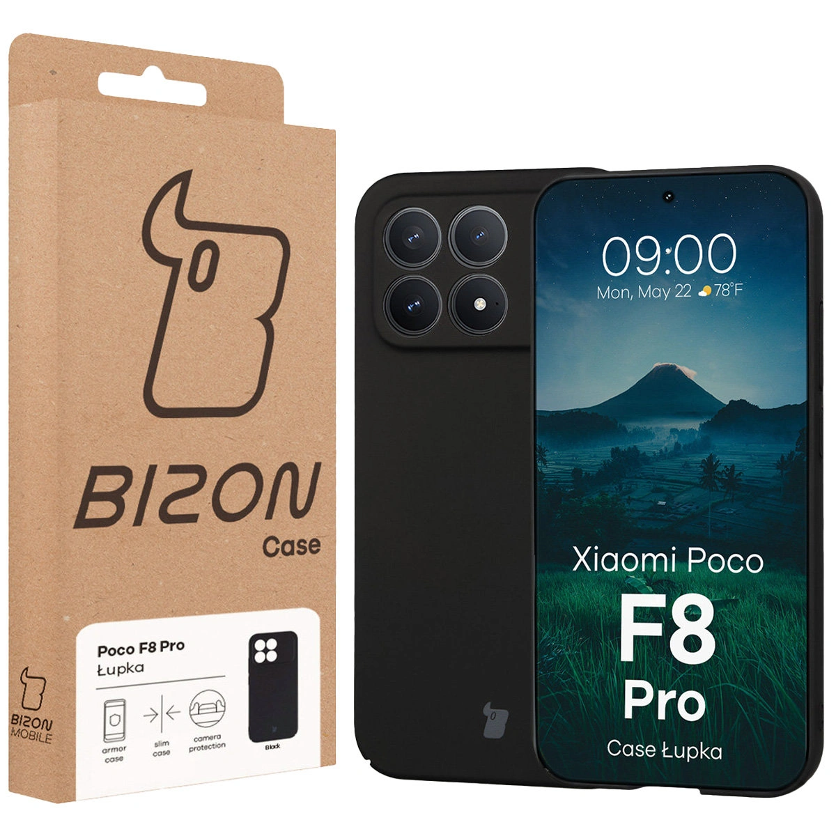 Przód pudełka Bizon Case z dedykowaną etykietą do Xiaomi POCO F8 Pro