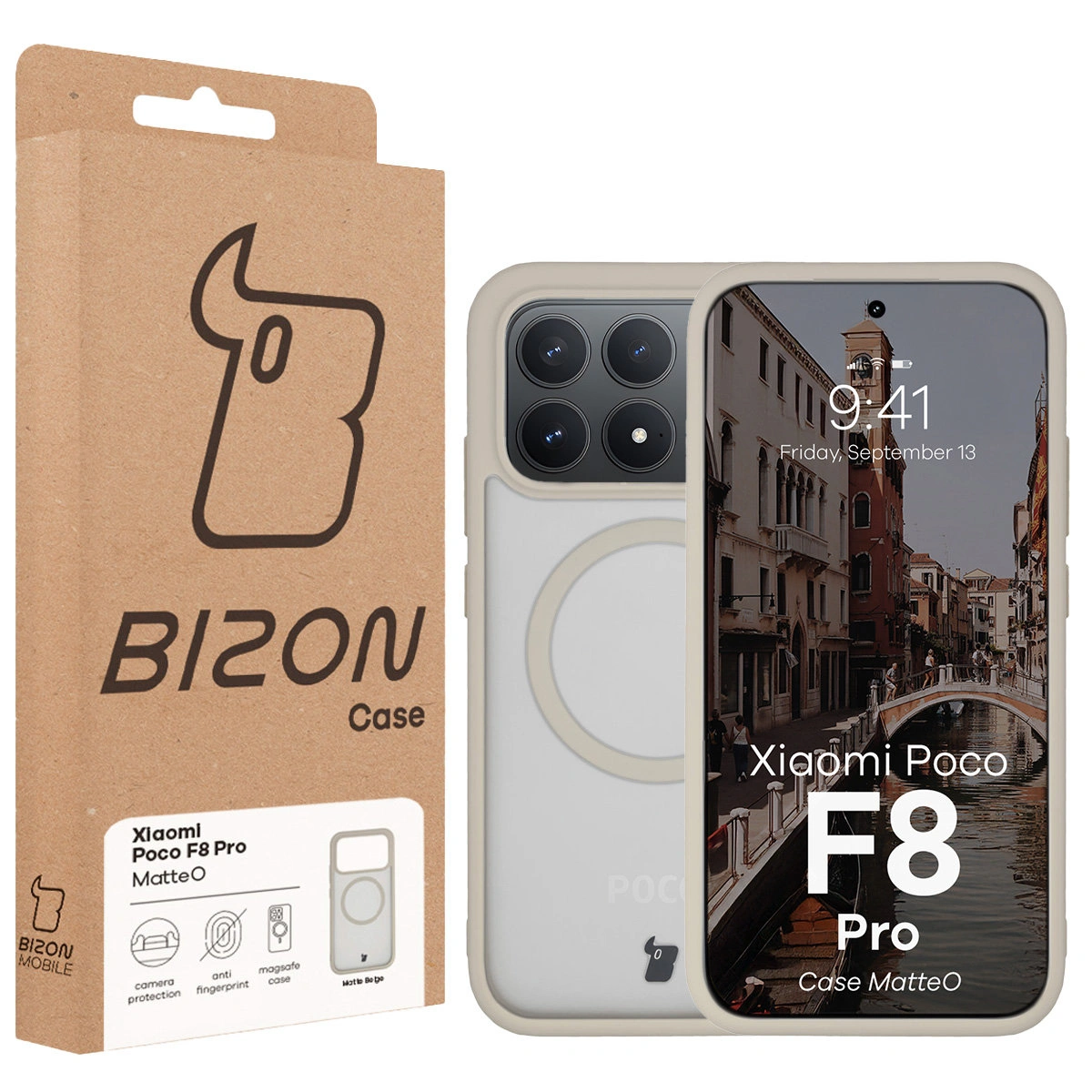 Przód pudełka Bizon Case z dedykowaną etykietą do Xiaomi POCO F8 Pro