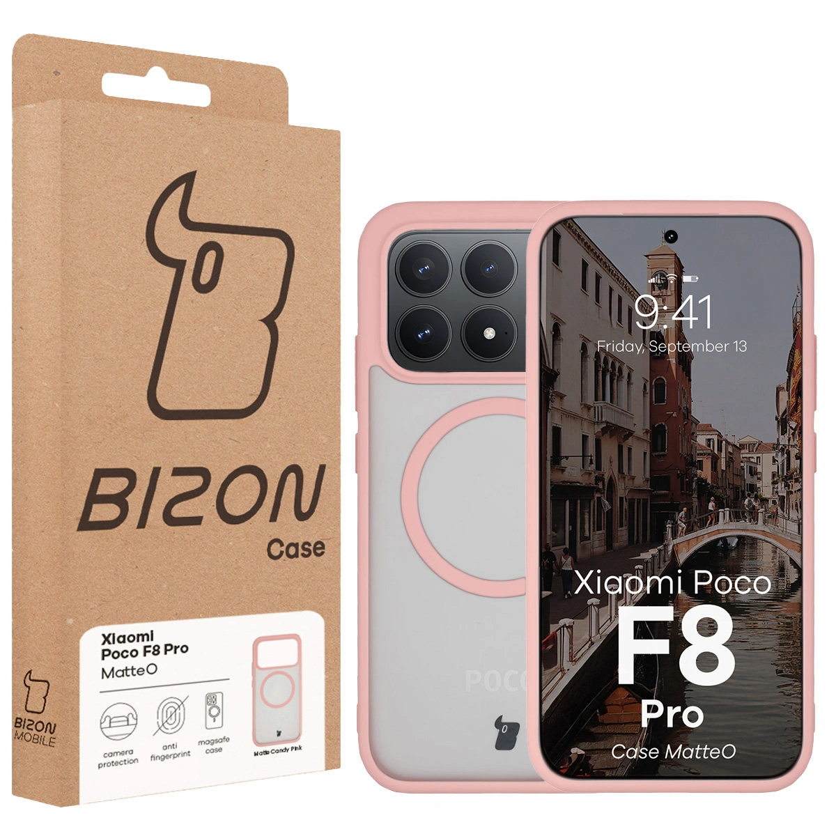 Przód pudełka Bizon Case z dedykowaną etykietą do Xiaomi POCO F8 Pro