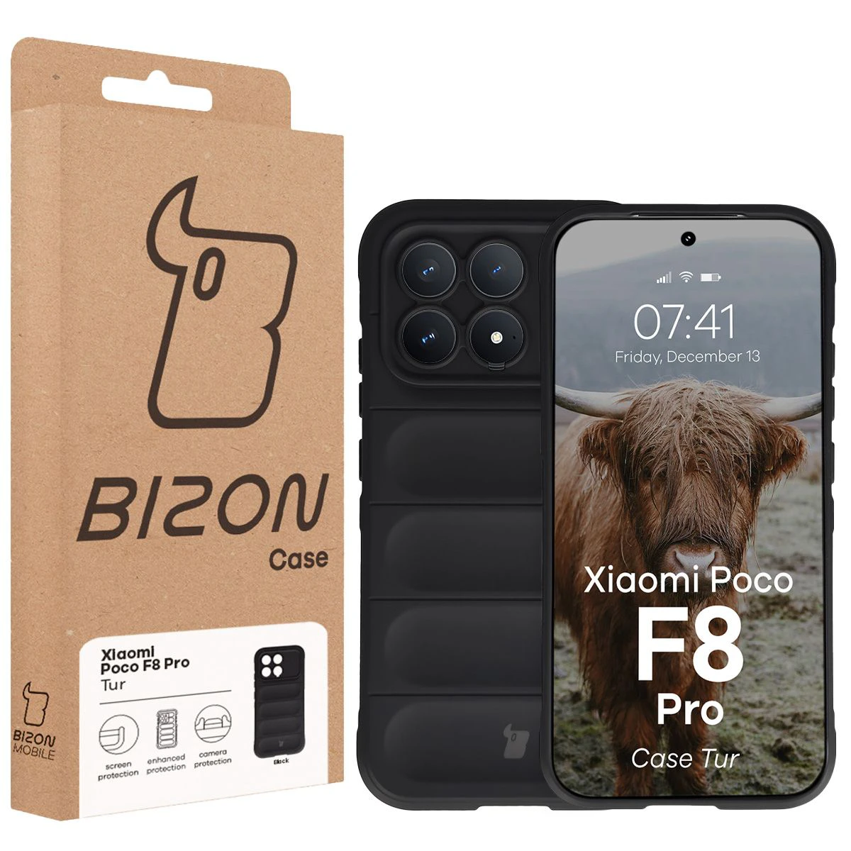 Przód pudełka Bizon Case z dedykowaną etykietą do Xiaomi POCO F8 Pro