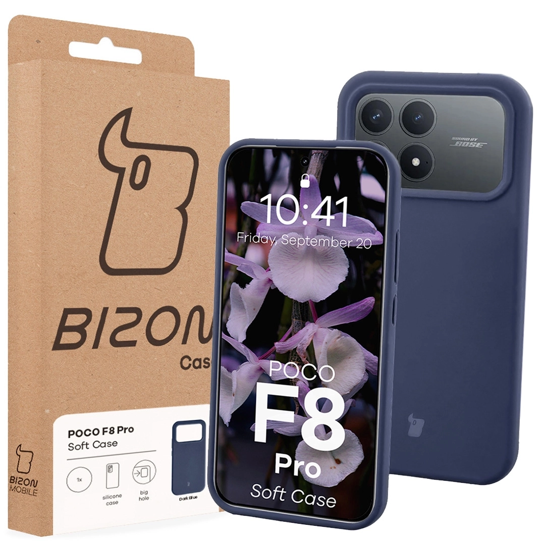 Przód pudełka Bizon Case z dedykowaną etykietą do Xiaomi POCO F8 Pro