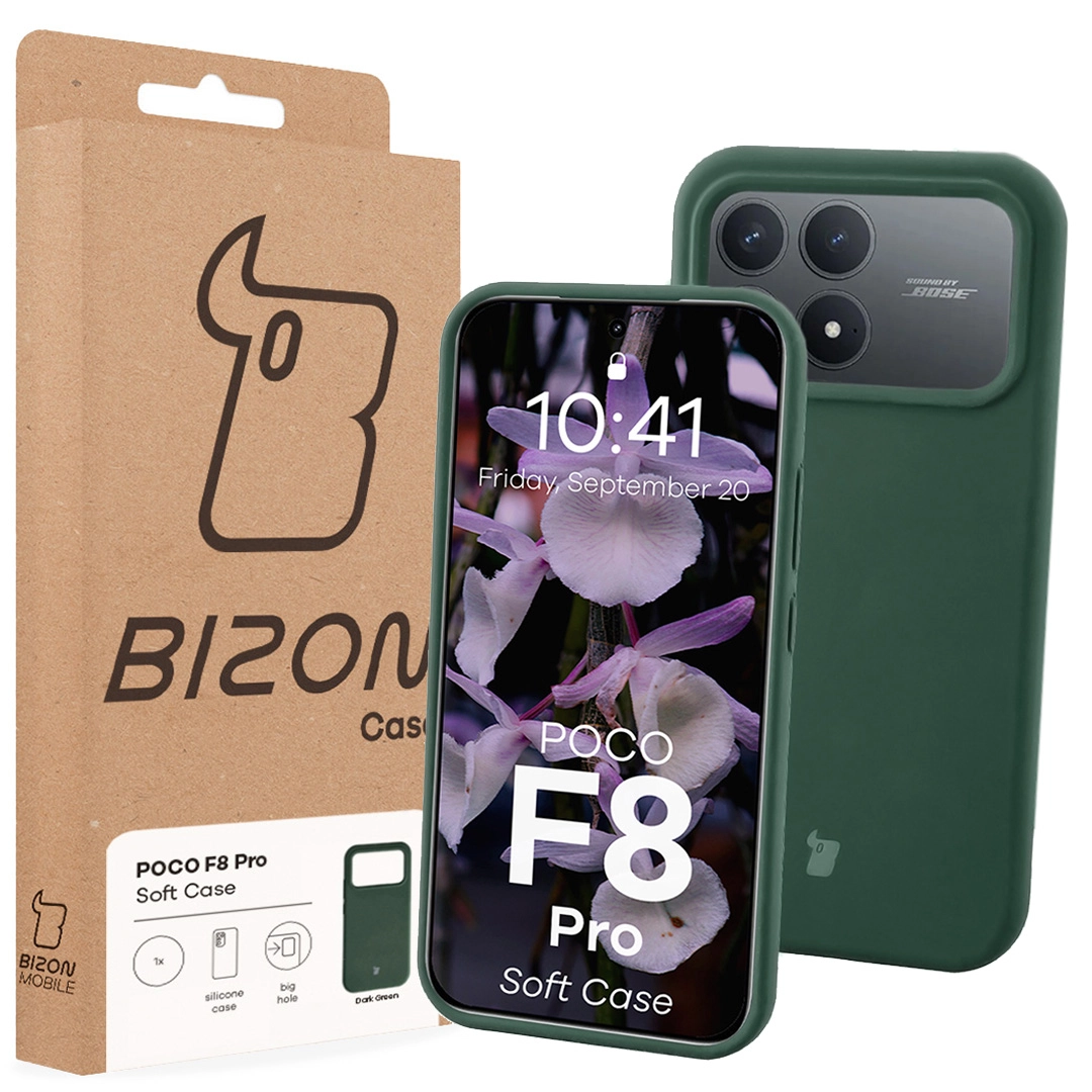 Przód pudełka Bizon Case z dedykowaną etykietą do Xiaomi POCO F8 Pro
