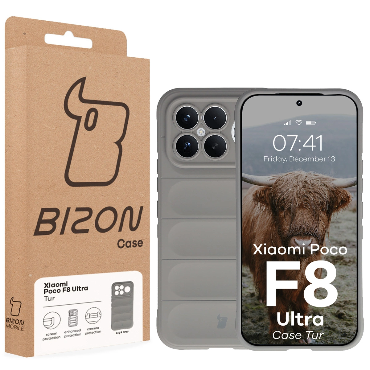 Przód pudełka Bizon Case z dedykowaną etykietą do Xiaomi POCO F8 Ultra